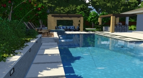 lot 76 3D Pool Rendering - Floating Pads, Wood Deck, Spa & Pavilion