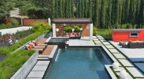 Swimming Pool and Spa with Sheer Descent with Outdoor Living Area